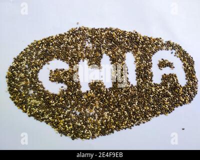 Pile de graines de chia sur fond blanc avec chia mot fait sur elle Banque D'Images