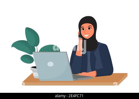 Femme arabe dans le hijab sur le lieu de travail parlant par téléphone et souriant isolé sur fond blanc illustration vectorielle de stock. Employeur d'entreprise, gestionnaire Illustration de Vecteur