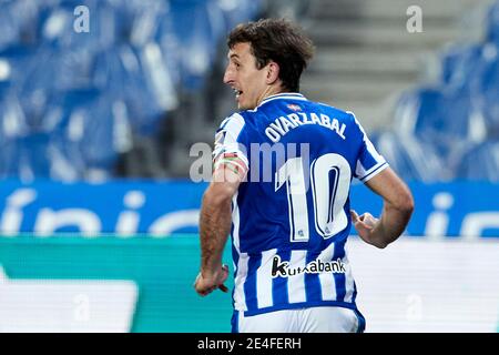 Saint-Sébastien, Espagne. 23 janvier 2021. Mikel Oyarzabal de Real Sociedad CF célèbre après avoir marquant le deuxième but de son équipe lors du match de la Liga entre Real Sociedad CF et Real Betis Balompie joué à Reale Arena. Crédit : ion Alcoba/Capturasport/Alay Live News Banque D'Images