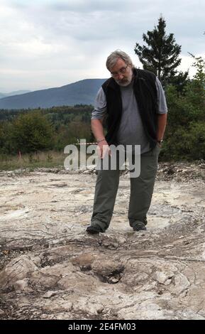 Jean-Michel Mazin, géologue et paléontologue, debout en face de la découverte récente d'un sauropode bien conservé, empreintes de dinosaures, entre 1.5 et deux mètres de diamètre dans les environs de Plagne, Jura, est de la France, le 6 octobre 2009. La découverte, qui a été faite en avril et date d'il y a 150 millions d'années, a été authentifiée par les scientifiques comme une découverte unique. Il s'agit peut-être des plus grandes traces de dinosaures jamais découvertes dans le monde, selon le Conseil National de recherche Français (CNRS).photo de Vincent Dargent/ABACAPRESS.COM Banque D'Images