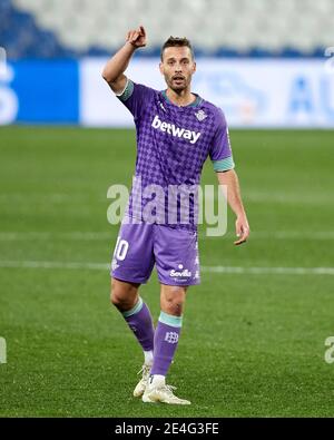 Saint-Sébastien, Espagne. 23 janvier 2021. Sergio Canales de Real Betis Balompie réagit pendant le match de la Liga entre Real Sociedad CF et Real Betis Balompie joué à Reale Arena. Crédit : ion Alcoba/Capturasport/Alay Live News Banque D'Images