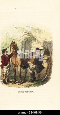 Obèse homme d'âge moyen essayant de monter un cheval. Un jockey tient le museau du cheval devant une écurie. Oncle Timothy. Gravure en bois faite à la main, d’après une illustration de Thomas Rowlandson de l’humoriste de W. H. Harrison, compagnon du feu de Noël, Rudolph Ackermann, 19 Strand, Londres, 1831. Banque D'Images