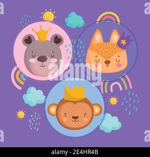 les animaux mignons font face à des couronnes arcs-en-ciel nuages et dessins animés du soleil illustration vectorielle Illustration de Vecteur