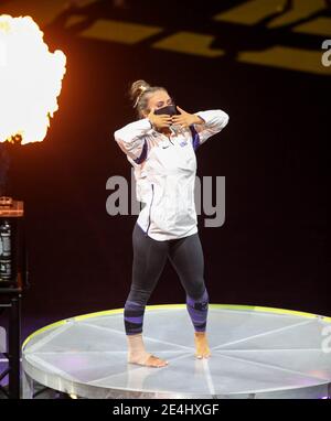 Bâton Rouge, LA, États-Unis. 22 janvier 2021. Christina Desiderio, de LSU, est présentée à la foule avant l'action de gymnastique de la NCAA entre les Bulldogs de Géorgie et les Tigres de LSU au centre d'assemblage de Pete Maravich à Baton Rouge, EN LOUISIANE. Jonathan Mailhes/CSM/Alamy Live News Banque D'Images