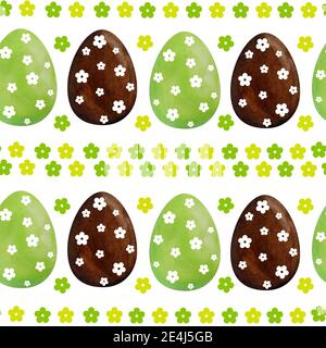 Aquarelle sans couture motif dessiné à la main Happy easter œufs de couleur chocolat vert brun avec décoration à pois. Symboles religieux chrétiens de couleur pour cartes invitation design célébration décoration Banque D'Images