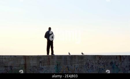 Silhouettes sombres d'homme et de pigeons debout sur une grande pierre jetée et vue sur le coucher de soleil depuis la plage de mer dans le calme soirée Banque D'Images