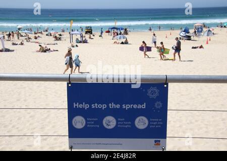 Sydney, Australie. 24 janvier 2021. Aide à arrêter la propagation du coronavirus (Covid-19) conseils à Bondi Beach. Credit: Richard Milnes/Alamy Live News Banque D'Images