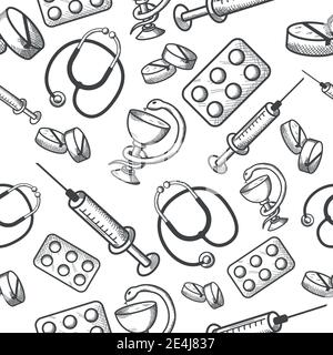 Seamless background d'articles médicaux du phonendoscope comprimés et la seringue d'illustration vectorielle isolés Illustration de Vecteur