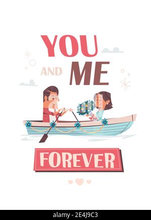 couple en amoureux petite amie et petit ami ayant la date sur le bateau saint-valentin célébration concept carte de voeux invitation affiche pleine longueur illustration du vecteur vertical Illustration de Vecteur