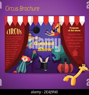 Brochure du spectacle de cirque avec illustration du vecteur éléphant clown de l'athlète. Illustration de Vecteur