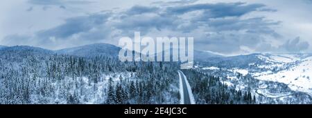 Panorama des arbres de Noël enneigés sur les pentes des montagnes. Brouillard et nuages qui se brisent à travers le sommet de la montagne. Banque D'Images