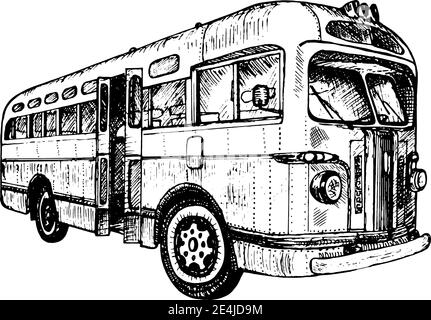 Dessiné à la main vintage bus de ville rétro, doodle esquisse graphiques monochrome vector illustration sur fond blanc Illustration de Vecteur