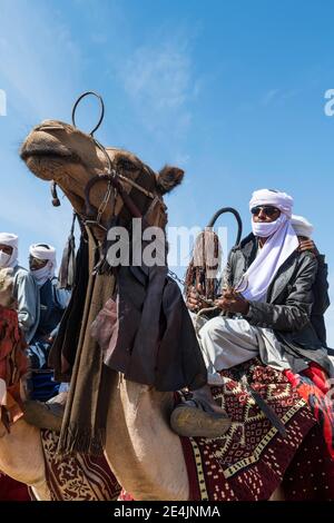 Des coureurs de chameaux colorés à un festival tribal, Sahel, Tchad Banque D'Images