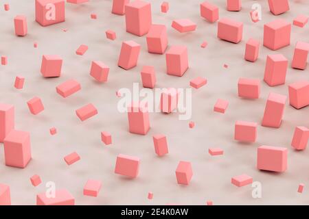 Rendu tridimensionnel des cuboïdes roses flottant sur fond gris Banque D'Images