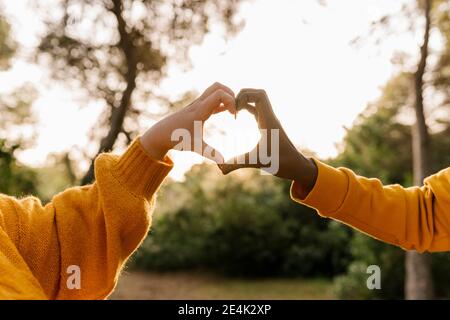 Couple en forme de coeur avec les mains pendant le coucher du soleil à la forêt Banque D'Images