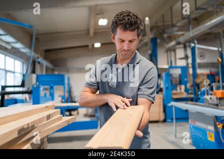 Portrait de charpentier examinant la planche de bois Banque D'Images