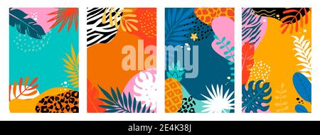 Mettez en place des cartes d'été avec des feuilles tropicales et un imprimé animal Illustration de Vecteur