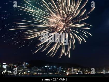 Wellington, le jour anniversaire de Wellington, le 25 janvier. Le jour anniversaire de Wellington, un jour férié pour les personnes vivant dans la capitale. 22 janvier 1840. Les feux d'artifice illuminent le ciel nocturne de Wellington, capitale de la Nouvelle-Zélande, le 24 janvier 2021, en commémoration du prochain anniversaire de Wellington, le 25 janvier. Le jour anniversaire de Wellington, un jour férié pour les habitants de la capitale, est célébré chaque année le lundi le plus proche du 22 janvier. La fête commémore l'arrivée du premier navire de colons en Nouvelle-Zélande le 22 janvier 1840. Credit: Guo Lei/Xinhua/Alay Live News Banque D'Images