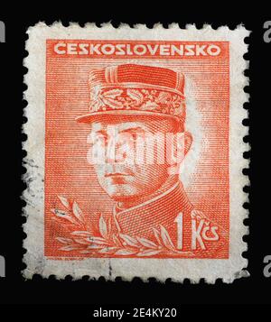 Timbre imprimé en Tchécoslovaquie montre le général Milan Stefanik, politicien slovaque, diplomate et astronome, vers 1947 Banque D'Images