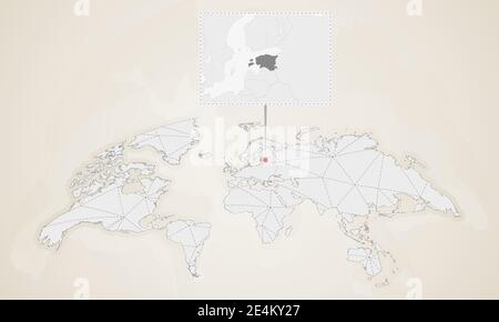 Carte de l'Estonie avec les pays voisins épinglée sur la carte du monde. Carte du monde des triangles abstraits. Illustration de Vecteur