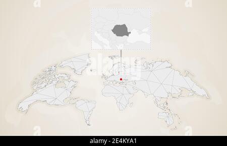 Carte de la Roumanie avec les pays voisins épinglés sur la carte du monde. Carte du monde des triangles abstraits. Illustration de Vecteur