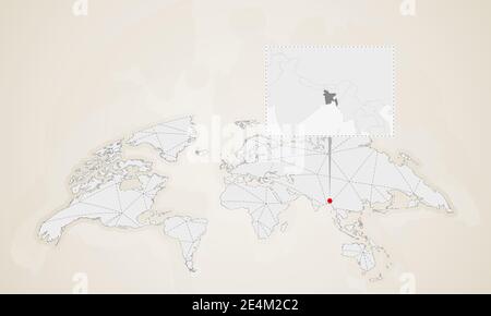 Carte du Bangladesh avec les pays voisins épinglée sur la carte du monde. Carte du monde des triangles abstraits. Illustration de Vecteur