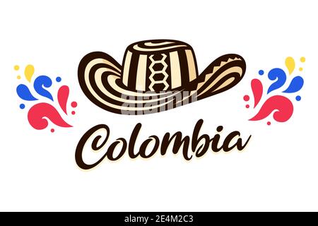 Sombrero Vueltiao, chapeau colombien traditionnel avec texte lettering Colombie. Illustration de clip art vectoriel. Illustration de Vecteur