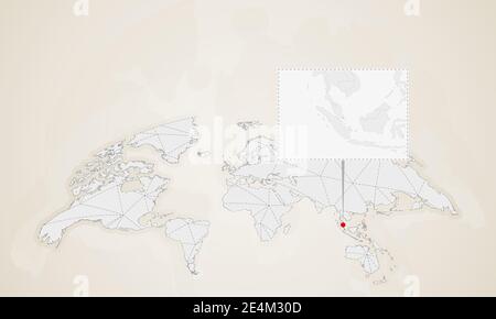 La carte de Singapour avec les pays voisins est épinglée sur la carte du monde. Carte du monde des triangles abstraits. Illustration de Vecteur