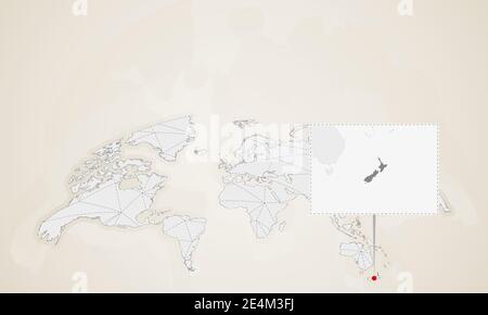 Carte de la Nouvelle-Zélande avec les pays voisins épinglée sur la carte du monde. Carte du monde des triangles abstraits. Illustration de Vecteur