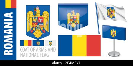 Ensemble vectoriel du blason et du drapeau national De Roumanie Illustration de Vecteur