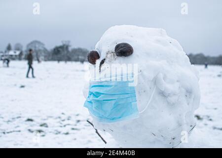 WIMBLEDON LONDRES, ROYAUME-UNI 24 JANVIER 2021. Les résidents viennent pour créer des bonhommes de neige et jouer sur le paysage couvert de neige sur Wimbledon Common . Le bureau met a publié un avertissement de glace et une situation arctique dans tout le Royaume-Uni après Storm Christoph Credit: amer ghazzal/Alamy Live News Banque D'Images