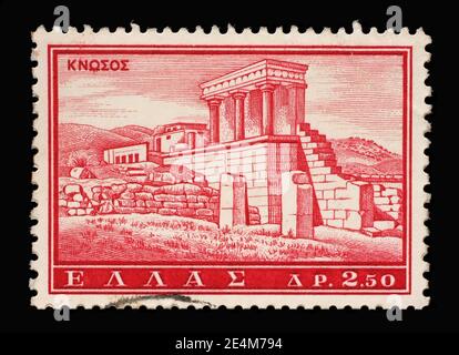 Le timbre imprimé en Grèce montre l'image de Knossos, le plus grand site archéologique de l'âge de bronze en Crète, vers 1961 Banque D'Images