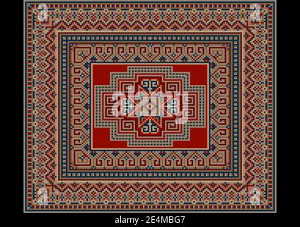 Moquette orientale de luxe aux motifs rouges, bleus, beiges et gris sur un terrain rouge au centre sur un fond noir Banque D'Images