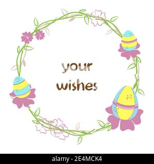 Couronne de Pâques avec œufs traditionnels. Jolie illustration décorative dessinée à la main avec branches, feuilles, fleurs, espace de texte dans des couleurs pastel, rose Illustration de Vecteur