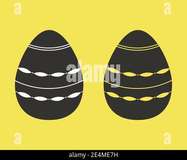 Ensemble d'icônes d'œufs de Pâques. Illustration noire avec décoration dessinée à la main. Arrière-plan jaune Illustration de Vecteur
