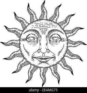 Soleil d'art de style ancien dessiné à la main. Illustration vectorielle de motif tatouage chic de boho Illustration de Vecteur