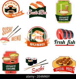 Bar à sushis asiatique, cuisine japonaise, ensemble d'étiquettes de poisson frais illustration vectorielle isolée Illustration de Vecteur