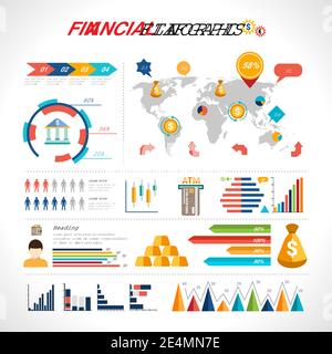 Ensemble d'infographies financières fixes avec éléments commerciaux de change de devises financières avec illustration vectorielle de la carte du monde Illustration de Vecteur