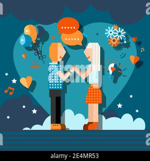 Couple aimant jeune homme et femme pixel silhouettes chat concept illustration vectorielle Illustration de Vecteur