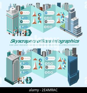 Infographies de bureaux gratte-ciel avec des bâtiments et des graphiques 3d isométriques élevés illustration vectorielle Illustration de Vecteur