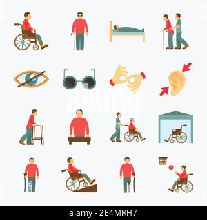 Les soins pour personnes handicapées aident l'assistance et l'accessibilité ensemble des icônes plates illustration vectorielle isolée Illustration de Vecteur