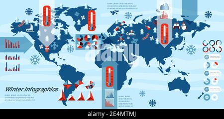 Symboles des fêtes d'hiver ensemble d'infographies avec cartes et carte du monde illustration vectorielle Illustration de Vecteur