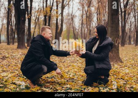 Un jeune couple amoureux rit et récolte un bouquet de feuilles dorées dans le parc d'automne. Photo de haute qualité Banque D'Images