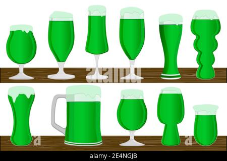 Illustration sur le thème des vacances irlandaises le jour de St Patrick, grand ensemble de bière dans la tasse. St Patrick Day composé de beaucoup de bière identique à la tasse sur fond blanc. Illustration de Vecteur