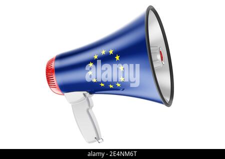 Mégaphone avec drapeau de l'Union européenne, rendu 3D isolé sur fond blanc Banque D'Images
