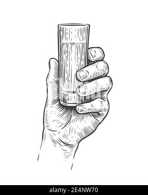 Main tenant un coup de boisson alcoolisée. Illustration vectorielle d'esquisse vintage Illustration de Vecteur
