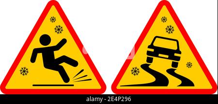 Panneau de route glissante. Panneau d'avertissement temporaire d'hiver triangulaire. Pour les piétons et les conducteurs Vector sur fond transparent Illustration de Vecteur