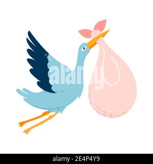 Carte bébé. Le stork porte un enfant. Illustration sur fond blanc isolé. Banque D'Images