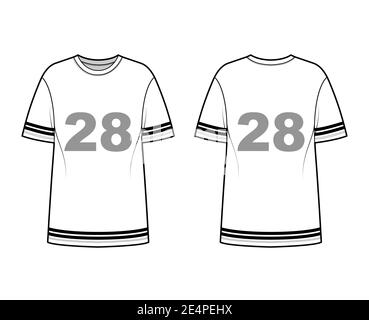 T-shirt de football américain technique de mode illustration avec manches courtes raglan, longueur tunique, col rond, grand. Modèle d'extérieur à dessus plat avant, arrière, blanc. Femmes hommes unisexe CAD maquette Illustration de Vecteur