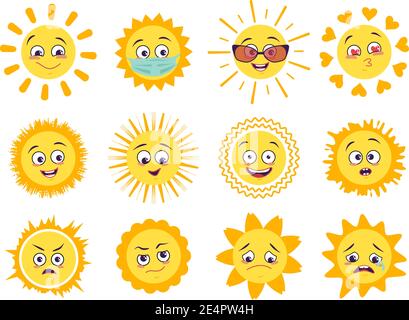 Icônes de soleil ensemble avec différentes émotions, masque et lunettes de protection Illustration de Vecteur